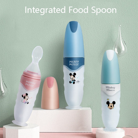 Disney Baby Rice Paste Spoon Milk Bottle Soft Silicone Baby Food Supplement Artifact Squeeze Rice Noodle Feeding Tool Tableware